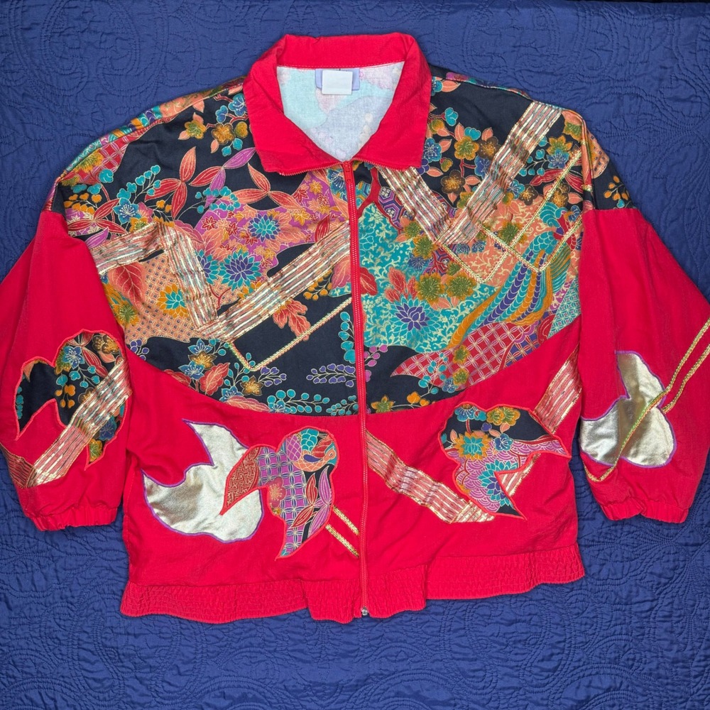 Southern Stitches Vintage‎ Asian Floral Print Zip Up Jacket Women's L Red Gold